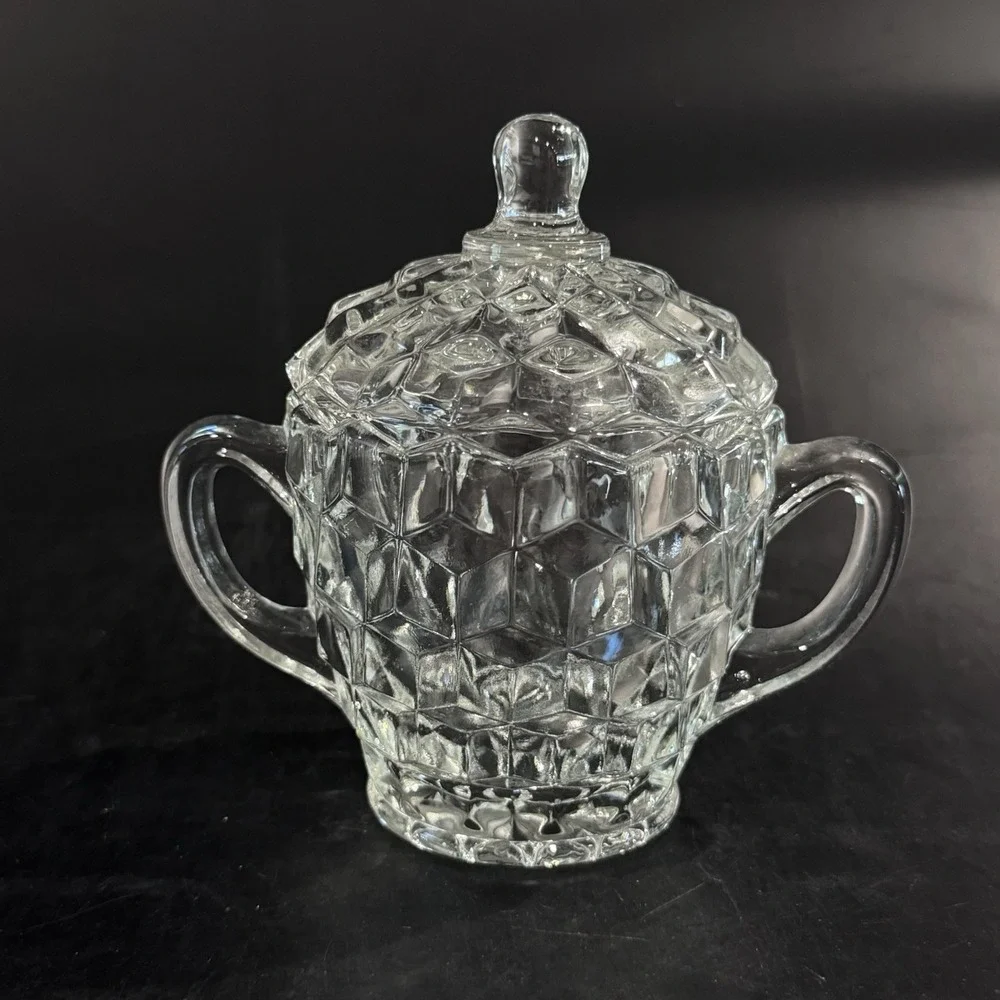 Vintage Fenton Cubist Clear Glass Sugar Bowl W Handles‎ & Lid